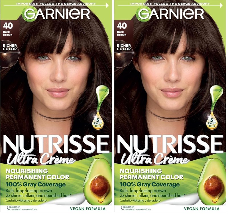 Garnier Nutrisse Ultra Crème Hair Color, Permanent Hair Dye with 100% Gray Coverage, Vegan & Cruelty-Free, 40 Dark Brown (Dark Chocolate), 2 Count
