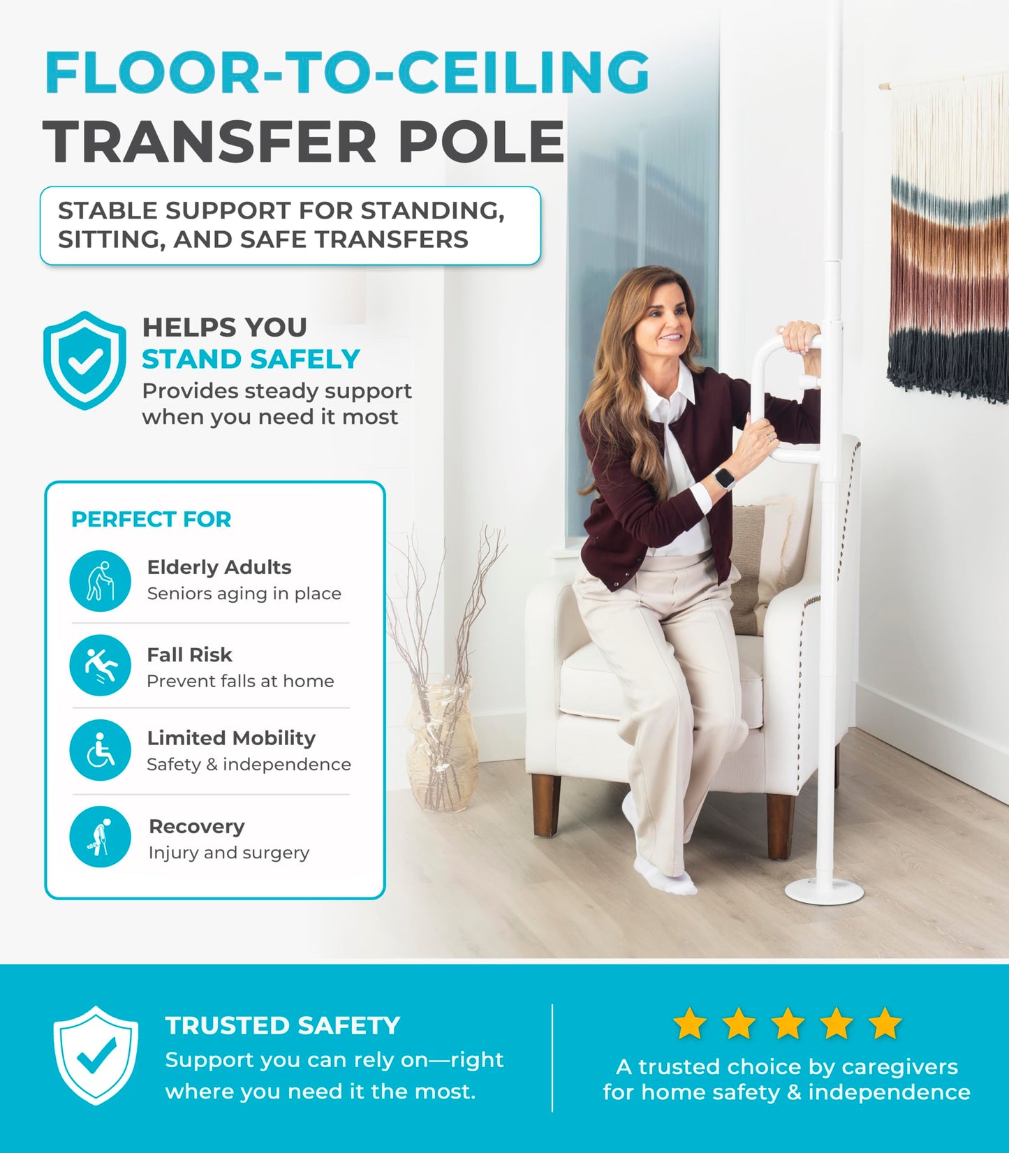 Stander Wonder Pole, Security-Pole and Curve Grab Bar, Tension Mounted Floor to Ceiling Transfer-Pole for Seniors, Elderly Adults, Bathroom Safety Assist and Stability Rail, White