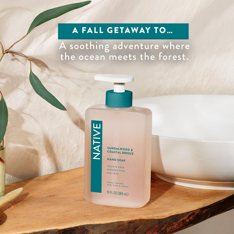 Native Liquid Hand Soap, Sandalwood & Coastal Breeze Scent, Non-Drying Formula for Soft, Smooth Hands, Made with Plant-Based Cleansers, Sulfate & Paraben Free, 13 oz Bottle