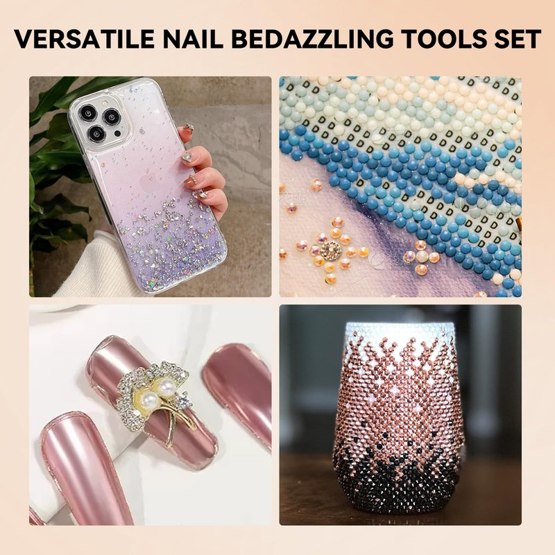 ESUOHYM 9 PCS Rhinestone Picker Tool Set, Reusable Rhinestone Wax Pencil for Bedazzling Gem Picker Up Tools Rhinestone Tray Adjustable Tweezers With Silicone Press Heads, Nail Art Tools for Diy Design