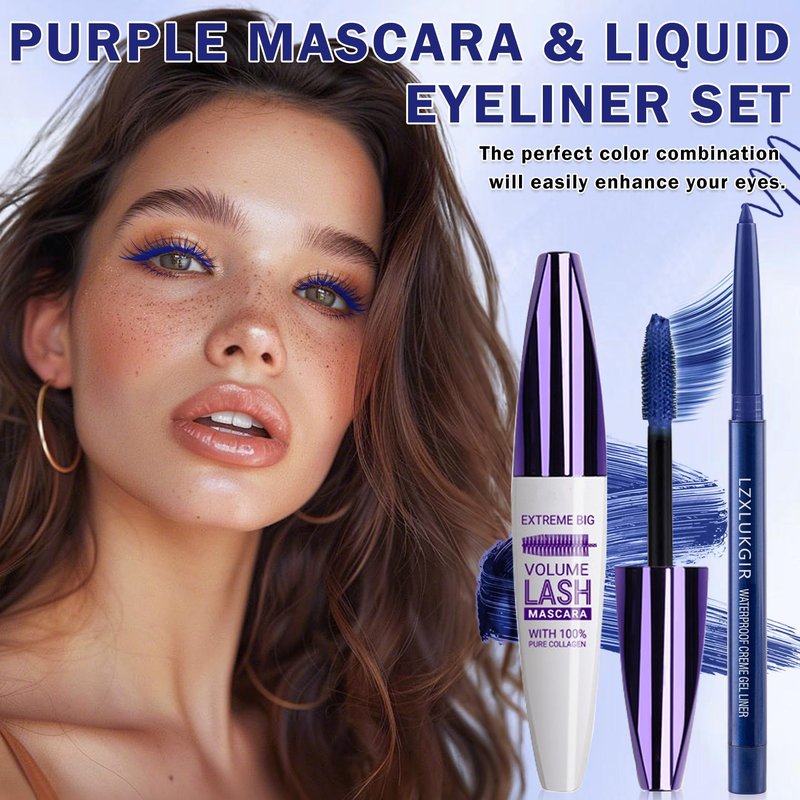 LZXLUKGIR Blue Mascara and Eyeliner Set,Natural Curling Blue Mascara for Eyelashes,Volumizing Lengthening máscara de pestañas Waterproof,5D Colored Eye Makeup