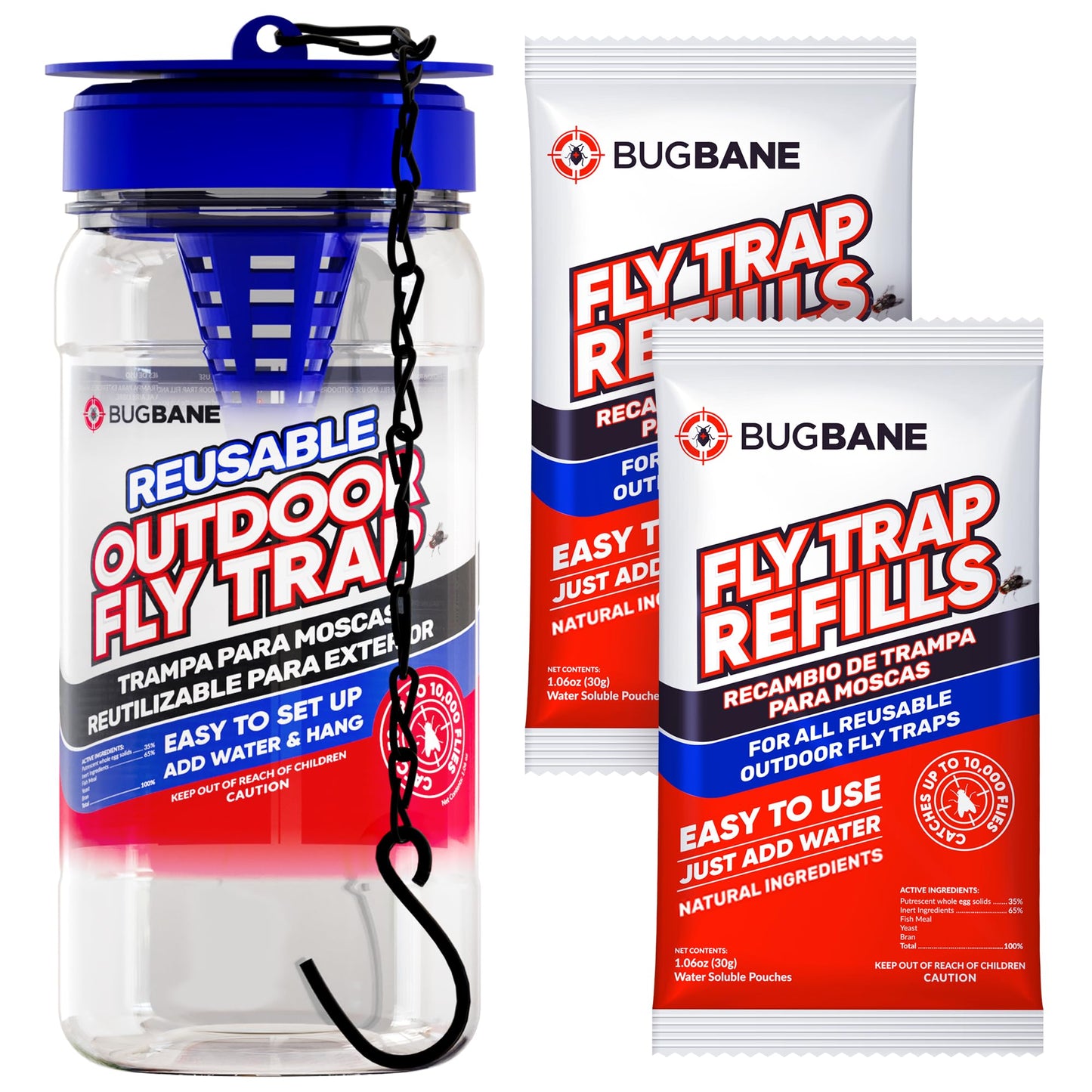 Fly Trap Outdoor Fly Traps for Patio with 2 Non-Toxic Dissolvable Bait Refills. Reusable Hanging Bug Catcher Killer for All Filth Flies for Outside Bug Control Yard Ranch. Hanging Chains Included.