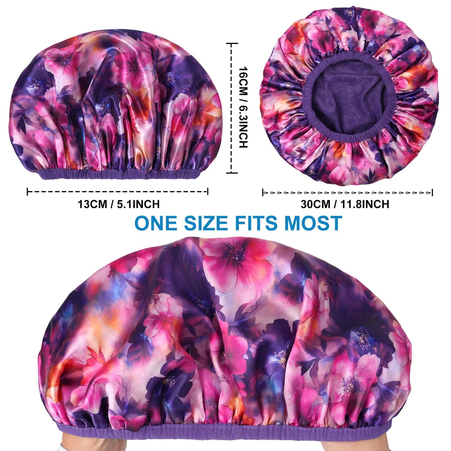 Upgraded Waterproof Terry Shower Caps, Reusable Shower Cap for Women with Long Hair, Soft Absorbent Hair-Protecting Towel Lining Bath Cap, Large Leak-Proof Hair Cap with Fashionable Print Outer-Purple