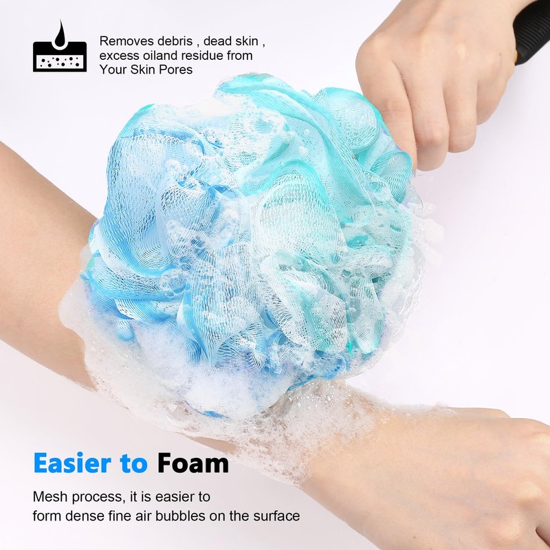 Loofah on a Stick PE Soft Mesh Luffa with Non-Slip Wooden Handle Made of Soft and Sturdy Rubber Material Back Scrubber for Shower for Women and Men with String for Easy Hanging(Blue Green White)