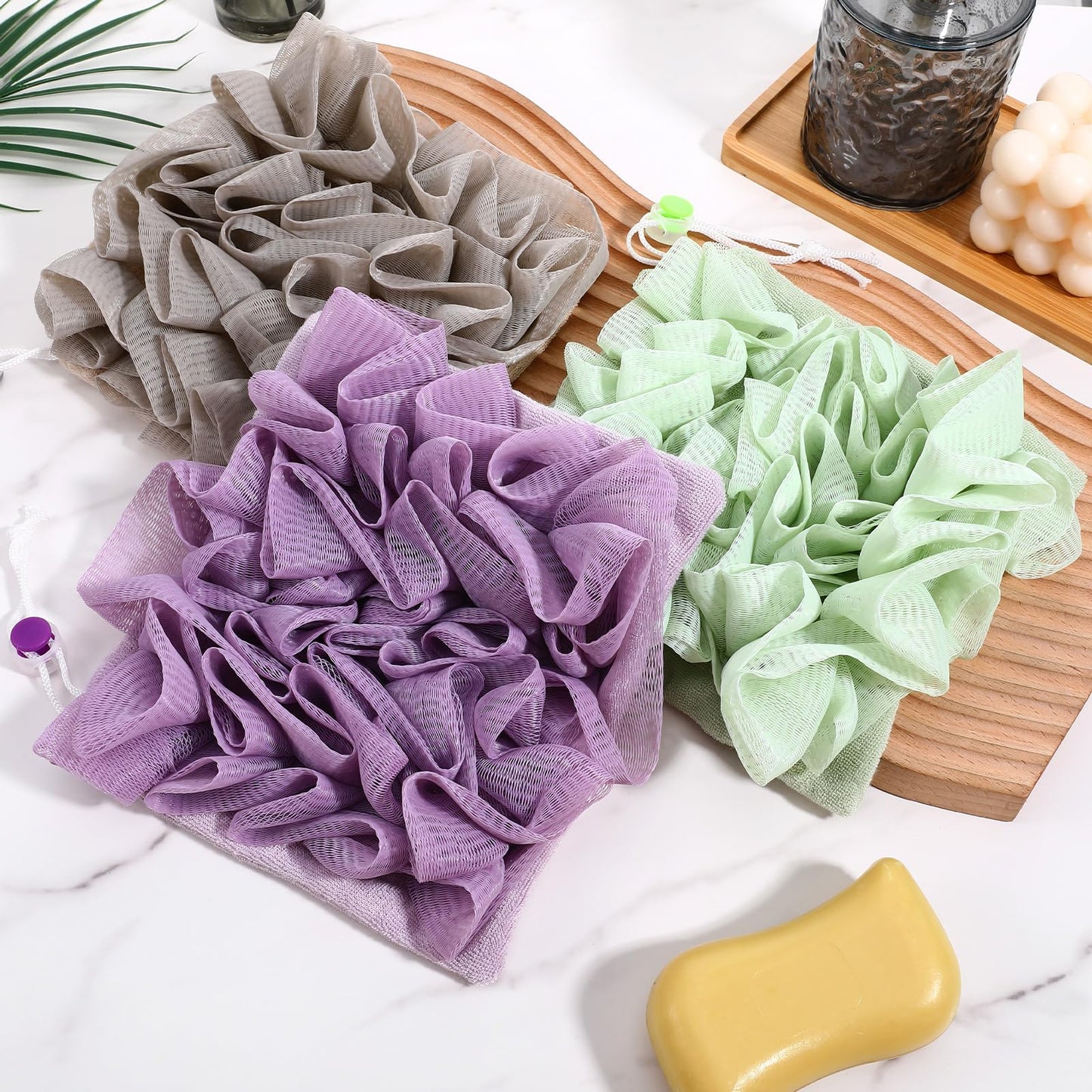 WJIAAA Loofah Washcloth Combo, 3 Pack 2-in-1 Exfoliating Shower Pouf Soap Pocket Drawstring Exfoliation Mesh Ball Hold Bar Soap Loofah Washcloth Body Wash Cleansing Smooth Skin(Green+Purple+Khaki)