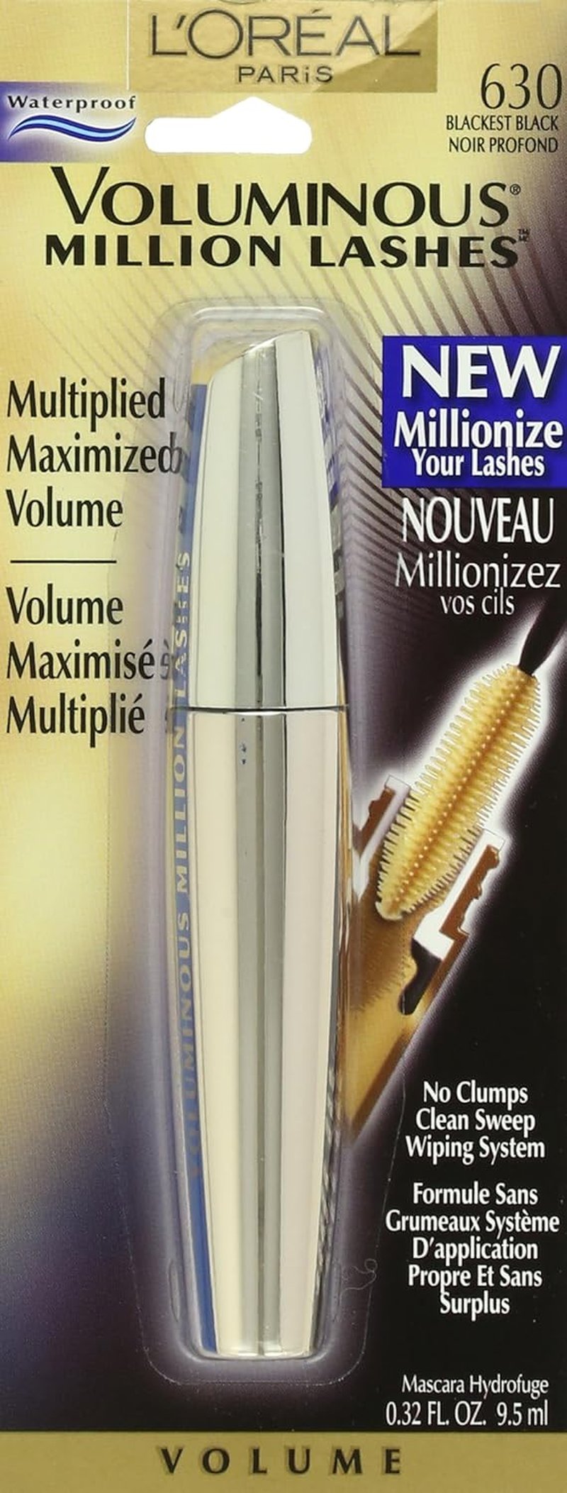 L'Oreal Paris Voluminous Million Lashes Mascara - Waterproof, Collagen Infused, Blackest Black | 0.32 Fl Oz