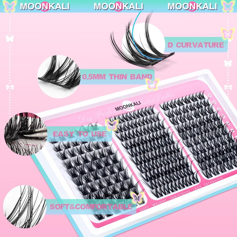 MOONKALI Natural Lash Clusters Wispy Eyelash Clusters 3 Styles Mix Natural Cluster Eyelash Extensions D Curly Soft Individual Lashes 10-16mm Mix Length Natural Look Lashes Clusters with Thin Lash Band