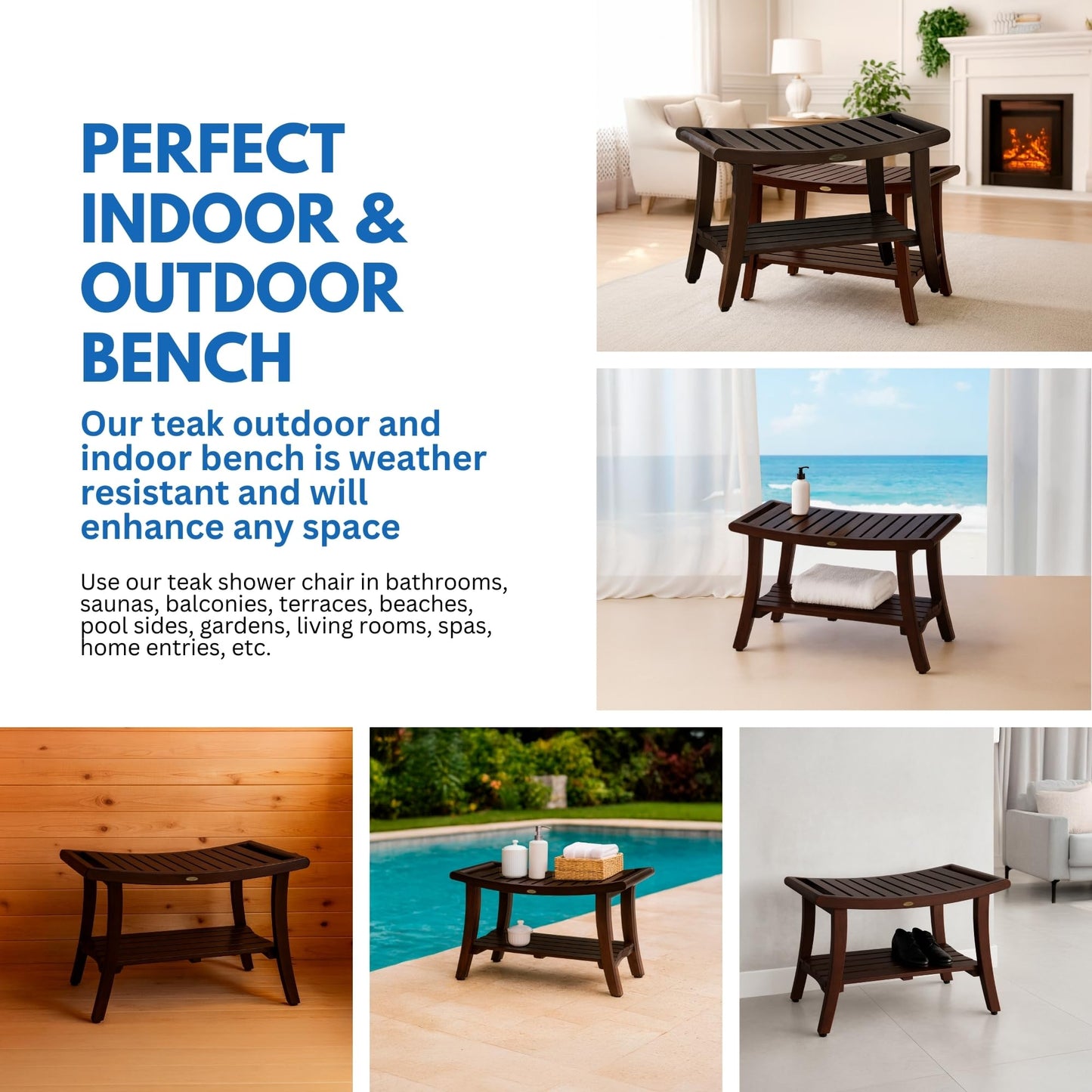 DecoTeak Harmony 30 Inch Brown Waterproof Teak Wood Shower Bench | Provides Safety, Storage, and Organization for Bathroom Accessories