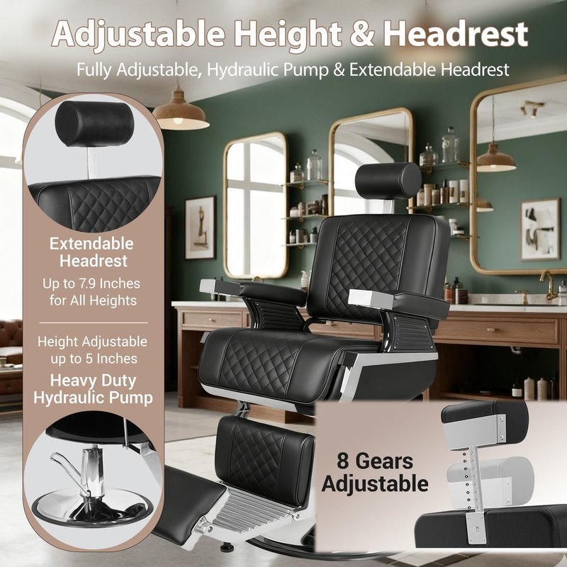 Reclining Barber Chair, Heavy Duty Barber Chair for Barbershop, Hydraulic Barber Salon Chairs, Eisenhower Diamond Stitch PU Leather, Adjustable Headrest & Footrest, 360° Swivel, Black and Silver