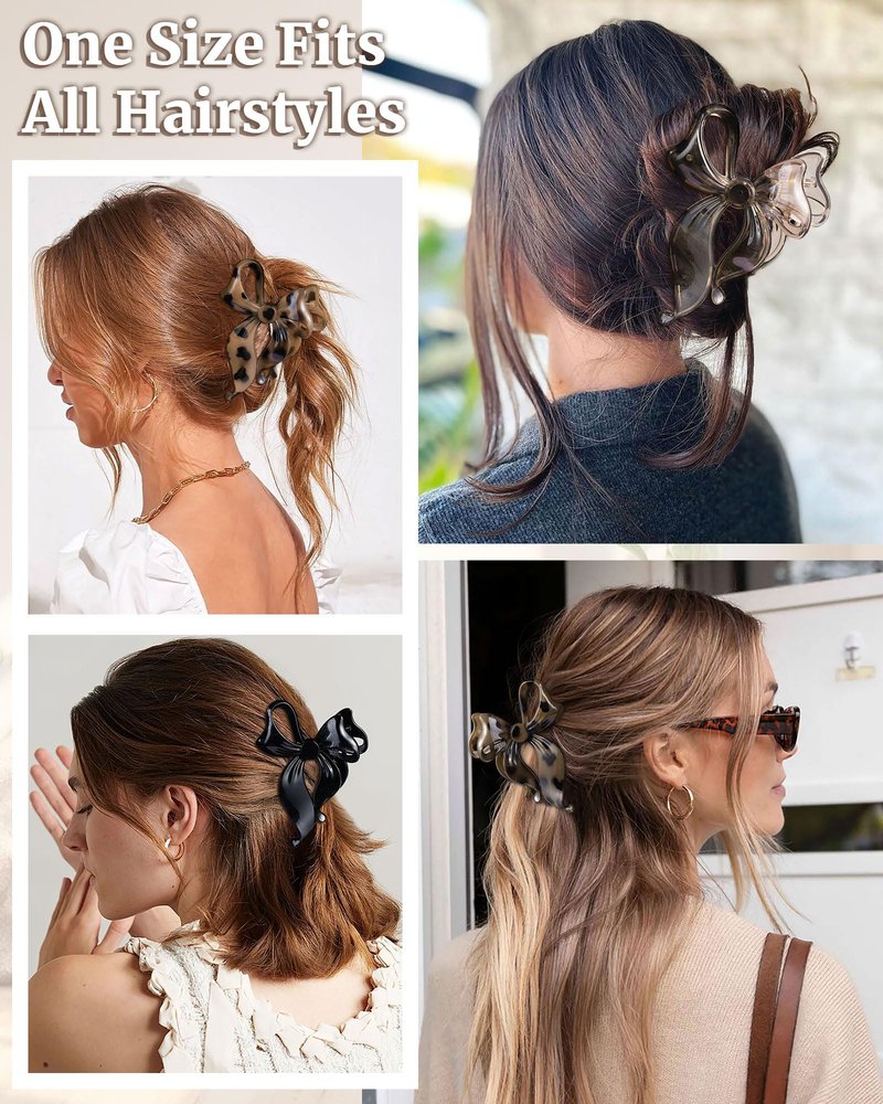 Mesovor 4 Pack Cute Bow Claw Clip for Women, Nonslip Large Matte Strong Hold Bows Hair Clips for Thin and Thick Hair | Chic Hair Styling Accessories (4.1" Black, Leopard)