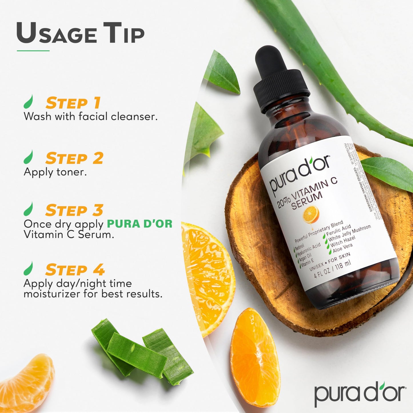 PURA D'OR 20% Vitamin C Facial Serum 4 Oz Antioxidant Anti-Aging Blend w/Retinol, Hyaluronic Acid, Ferulic Acid - Hydrating Lightweight Ayurvedic Skin Care - Men Women Daily Use