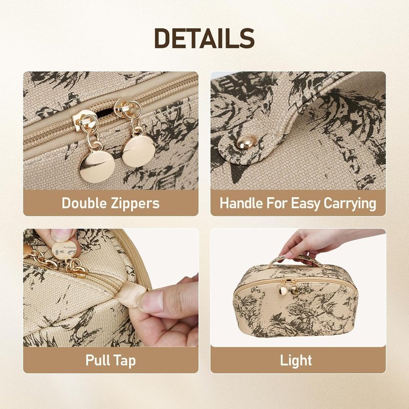 Cosmetic Bag for Women - Large Capacity Waterproof PU Leather Makeup Organizer | Travel Toiletry Bag with Divider (Lighting Coffee)