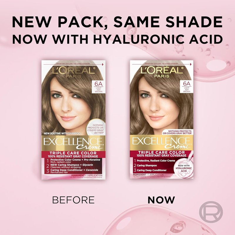 L'Oreal Paris Hair Dye - Excellence Crème Permanent Color with Hyaluronic Acid for 100% Gray Coverage | 6A Light Ash Brown, 2 Kits