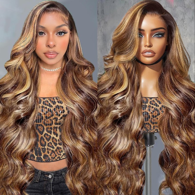 Hepnok 30 Inch Highlight Ombre Lace Front Wig Human Hair Honey Blonde Body Wave 13x6 HD Lace Front Wigs Human Hair Pre Plucked 200 Density Brown 4/27 Colored Lace Frontal Glueless Wigs for Women