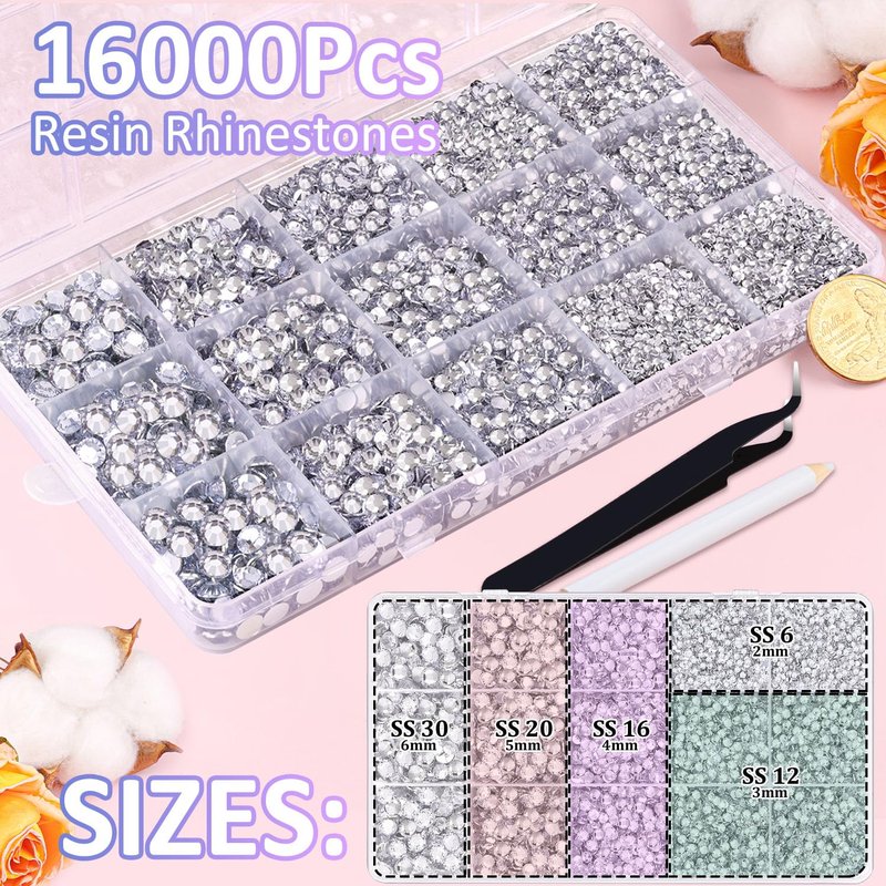 16000Pcs Resin Rhinestones for Crafting, Silver Clear Flatback Gems, Bedazzling Crystal with 3Pcs 10ml B7000 Jewelry Glue Bedazzler Kit for DIY Crafts Clothing Tumblers Shoes Fabric Nail Art