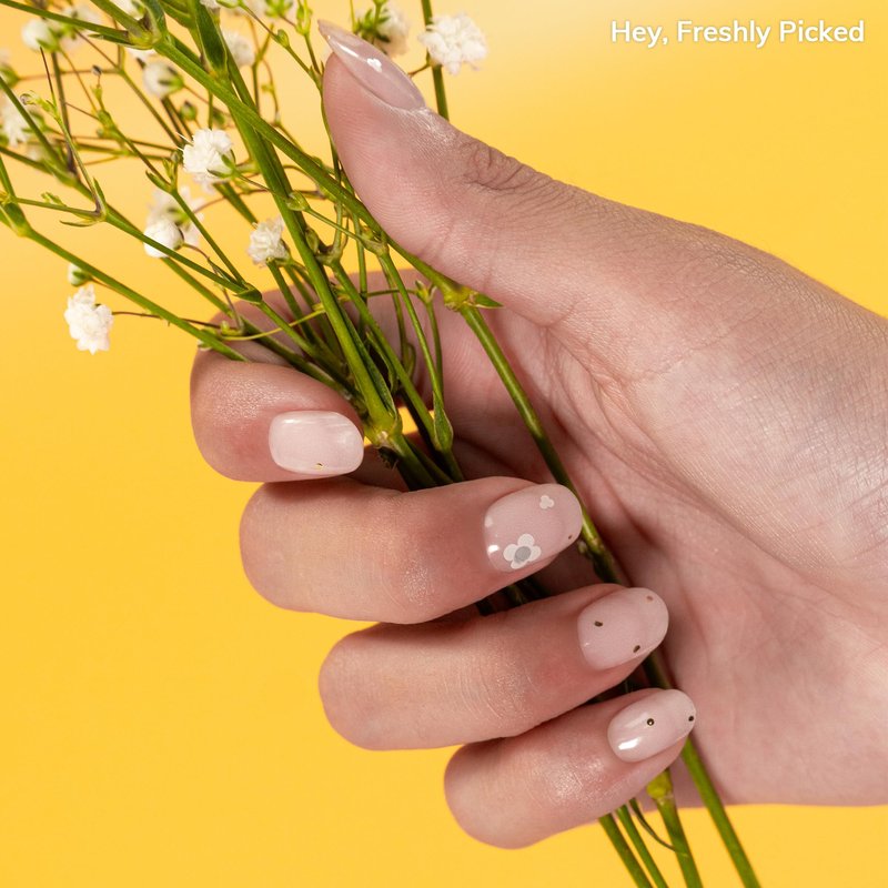 Heyhae Semi Cured Gel Nail Strips | No LED Lamp Needed | Pink, Solid | Easy Apply & Remove, Salon Quality | Includes 28 Strips, 1 Prep Pads, Nail File & Wooden Stick - Hey, Freshly Picked