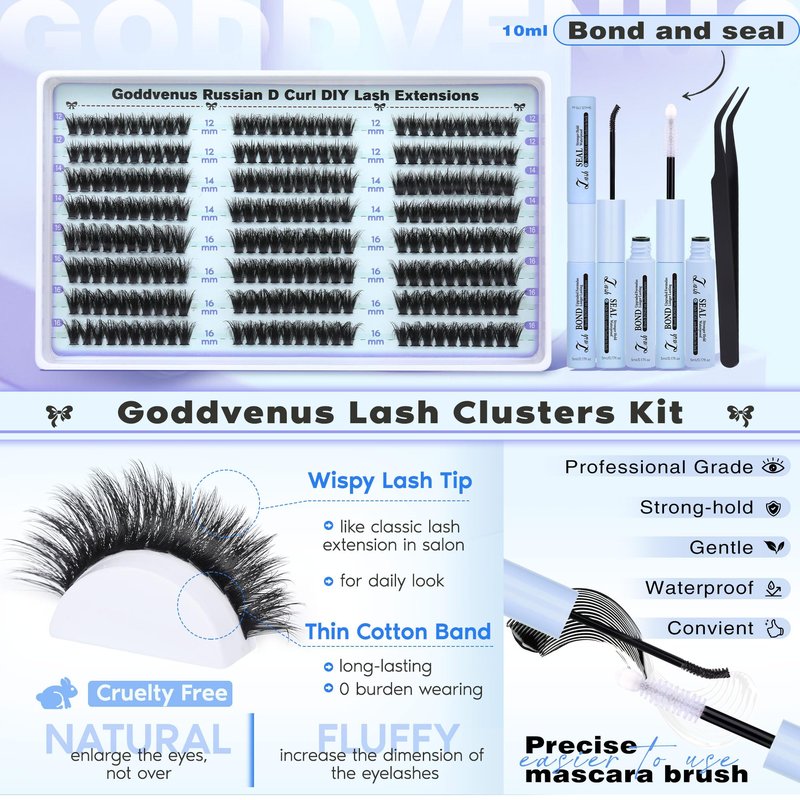 Goddvenus Lash Clusters Kit Wispy Lashes clusters Natural Fluffy Eyelashes Clusters 12mm 14mm 16mm Mixed Cluster Eyelash Extensions Kit D Curl DIY Individual Lashes Kit with Bond and Seal Lash Glue