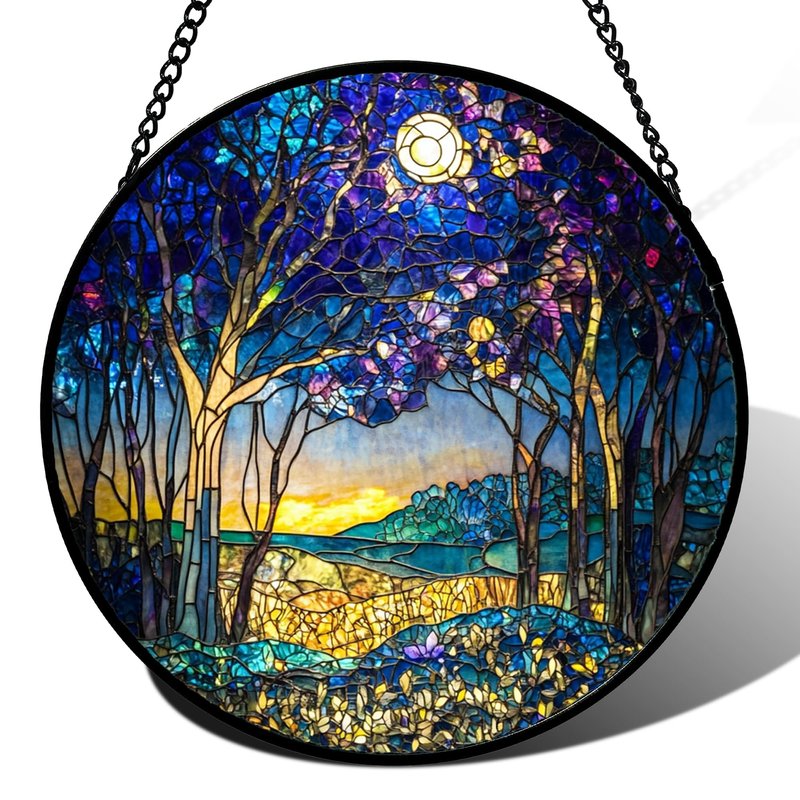 QZQCBLC Stained Glass Window Hanging Blue Purple Forest Trees Landscape Moon Large 15" - Suncatcher Door Garden Sun Catcher Home Decor Birthday Christmas for Mom Men Woman Nana