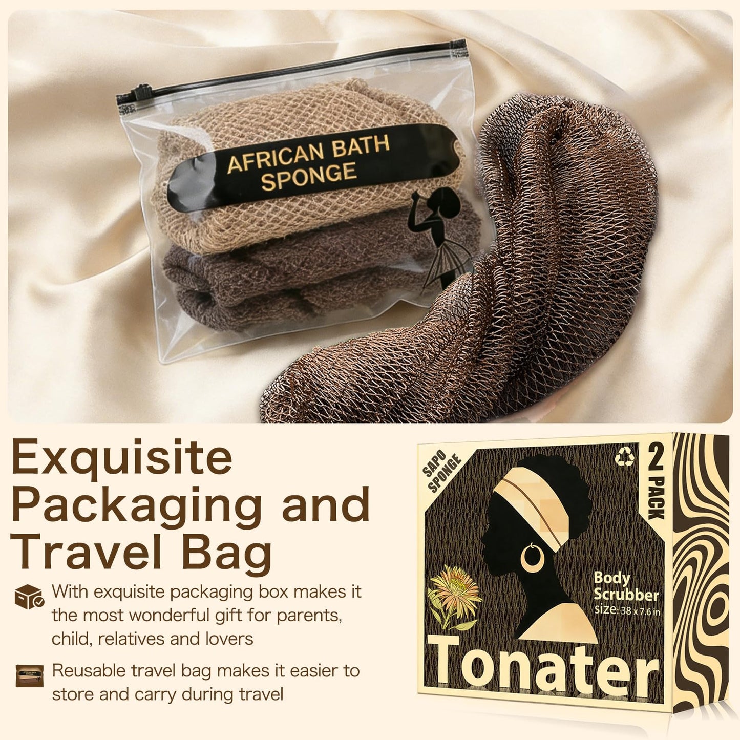 Tonater Body Scrubber 2 Pack, Authentic African Exfoliating Net Sponge Bath Shower Loofah, Up to 47.2" Stretched Nylon Scrubber for Sensitive Skin, Travel Portable Spa Gifts-Light Beige + Dark Brown