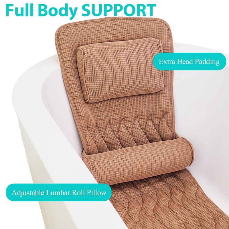 AEROiVi Full Body Bath Pillow with Adjustable Lumbar Roll Pillow Bathtub Cushion with 14 Suction Cups 3D Air Mesh Fit Any Tub Gray Bathroom Accessories Brown