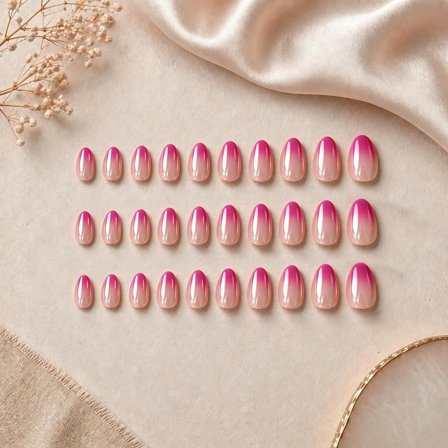 SXVME Press-On Nails - Chrome Ombre Hot Pink Short Almond Design | 30 Pcs Glazed Glitter Stiletto Set