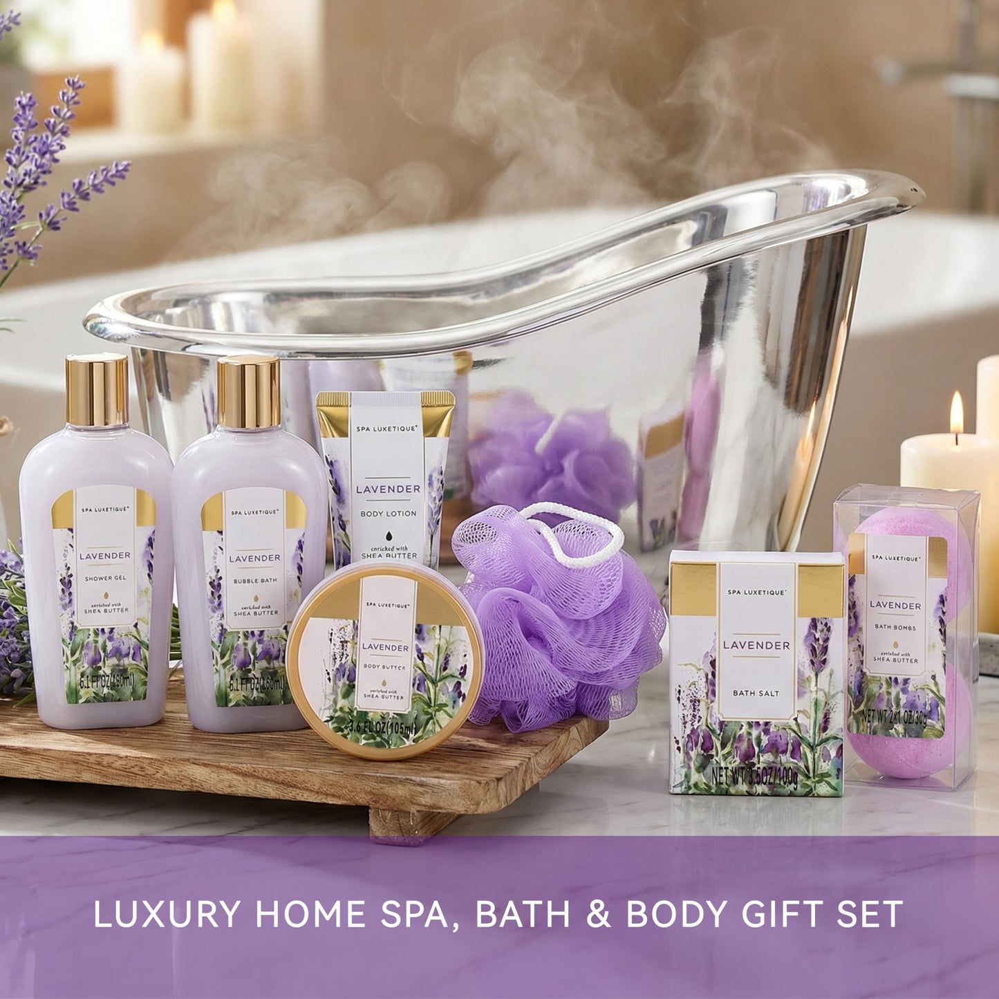 spa luxetique Spa Gifts for Women, Gift Basket, 8 Pcs Lavender Bath Sets with Bubble Bath, Lotion Sets, Birthday Anniversary Gifts for Her, Self Care Kit, Mothers Day Gift for Mom