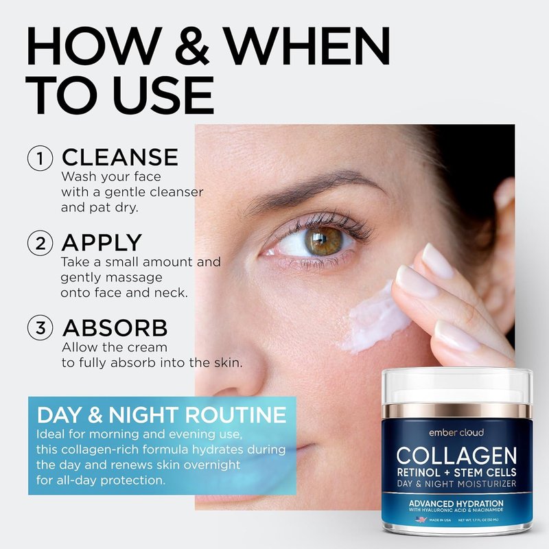 Regine Switzerland Anti-Aging Collagen Face Cream - Hydrating Day & Night Moisturizer with Retinol & Hyaluronic Acid - 1.7 Oz
