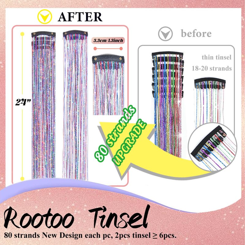 Hair Tinsel Clip in Dreamy Colorful Fairy Hair Tinsel Kit, 12 Pcs 24 Inch Glitter Clip in Hair Extensions for Girls Women Kids Christmas New Year Festival Party (Dreamy Colorful)