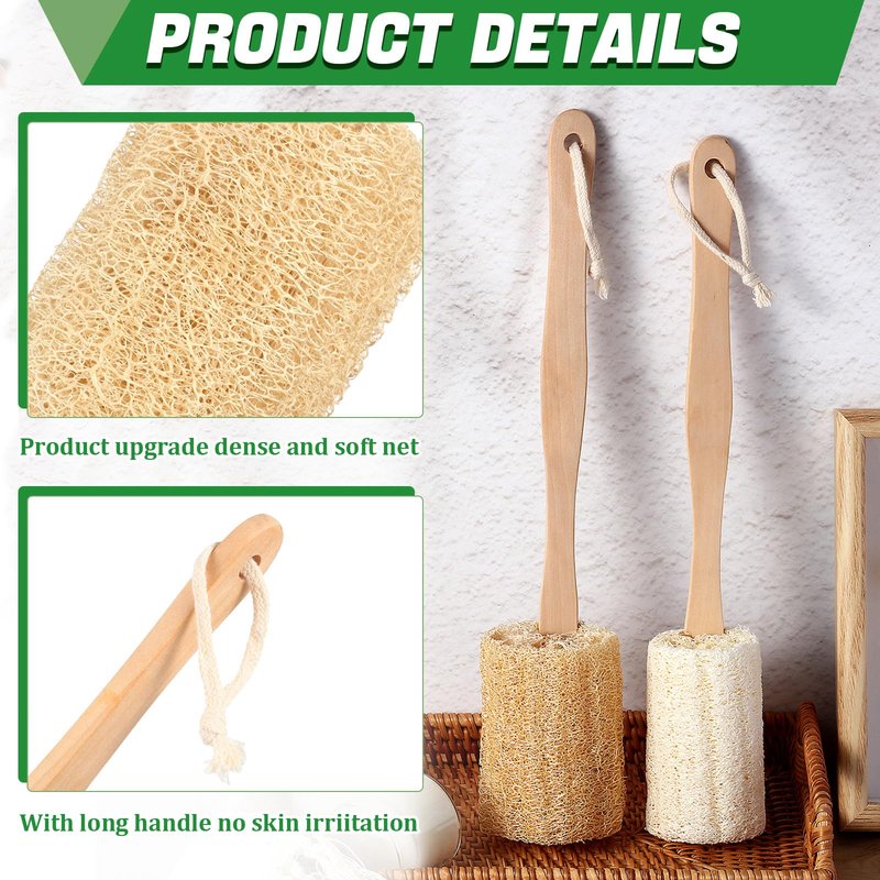 Bokon 4 Pack Natural Exfoliating Loofah Bath Back Brush Loofah Back Scrubber Long Handle for Shower Exfoliating Body Scrubber Luffa Sponge on a Stick for Men and Women, Cleans Hard to Reach Areas