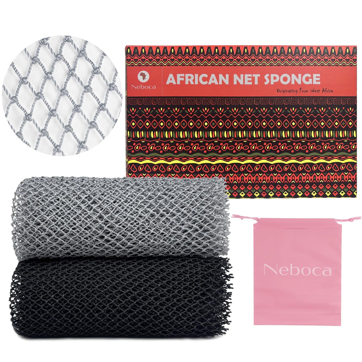 African Net Sponge Authentic African Exfoliating Net Sponge with Knots Afro Body Scrub Back Scrubber Africa Wash Net Cloth Real Sapo Bath Sponge for Shower (Gray & Black)