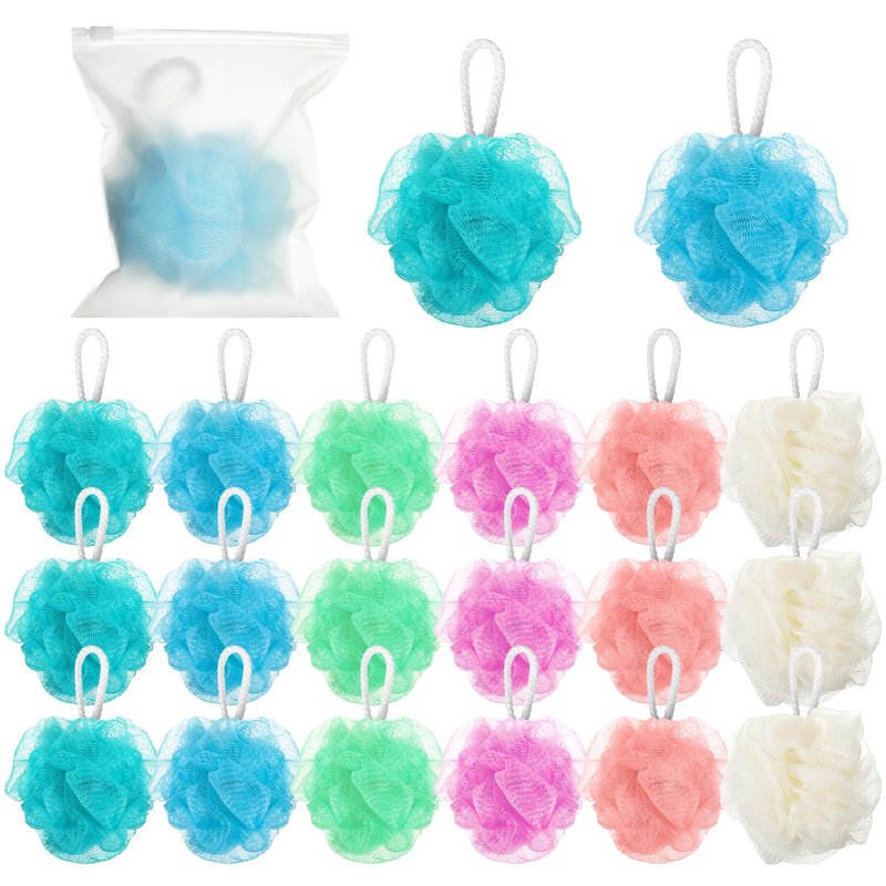 Ckhoid 24 Pack Travel Size Loofah Individually Wrapped, Small Shower Puff Bath Sponge Pouf Ball Bulk Mesh Bath Puff Mini Loofah Sponge with Bags for Women Men Shower Care (Colorful, 25g)