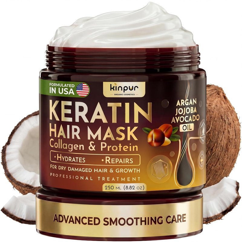 KINPUR Organic Cosmetics Keratin Hair Mask - Deep Conditioning Treatment with Coconut, Jojoba & Avocado Oils | Hydrating, Color-Safe Formula for Dry & Damaged Hair