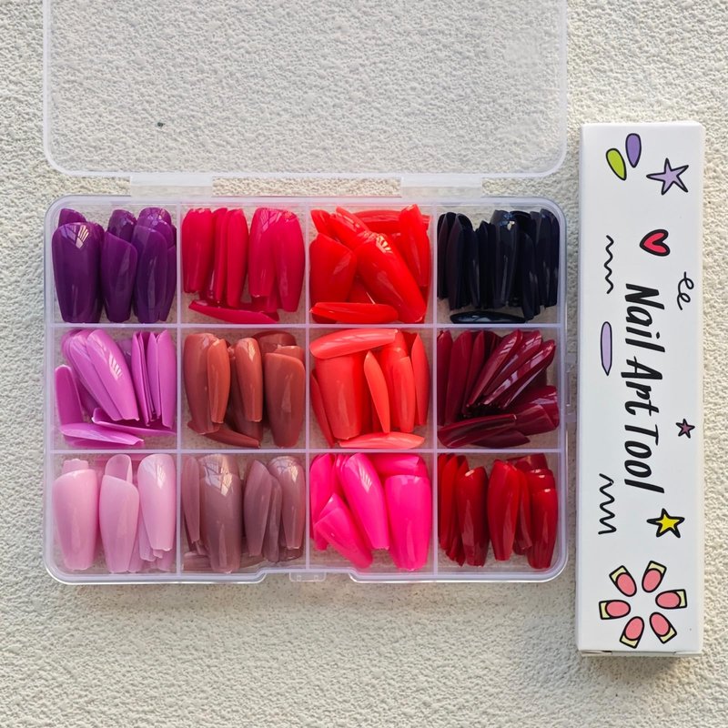 12 Colors Coffin Press on Nails Set Glossy Fake Nails Medium False Nail Pure Color Glue on Nails Reusable Artificial Acrylic Nail Solid Color Full Cover Stick on Nail for Women Girls Manicure 288Pcs