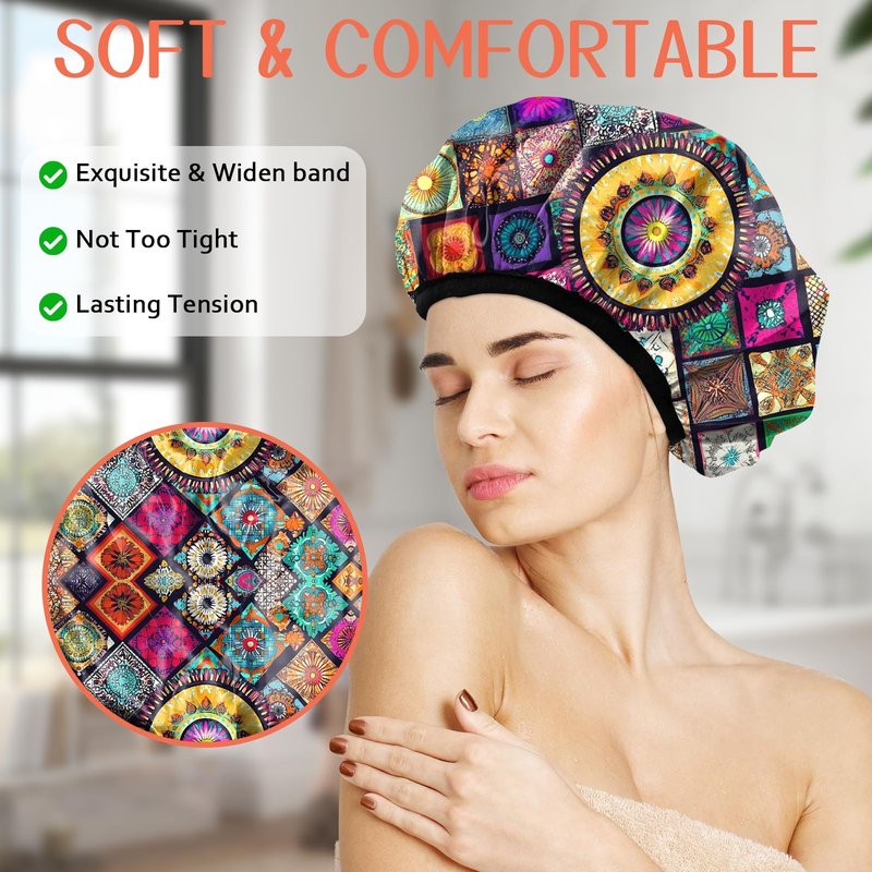 Cabreche Luxury Shower Cap Terry Lined Reusable Triple Layer Waterproof Hair Elastic Caps Shower Bath Hat for Women Girls Cute Aesthetic-Mandela