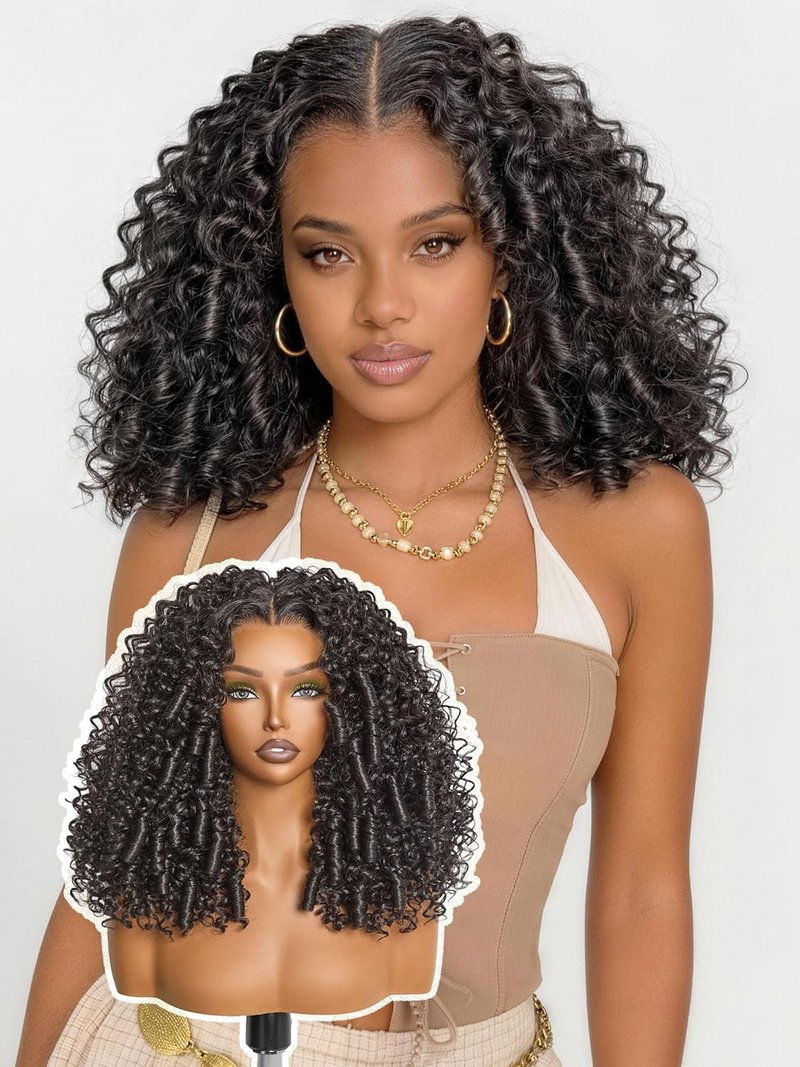 Frodio Kinky Curly Half Wig 14 Inches Veralux™ Fiber Blend Human Hair 200% Density 13X6 HD Lace Frontal Glueless Wig with Unique Bouncy Curl,Natural Black Ready to Go Headband Wig for Women