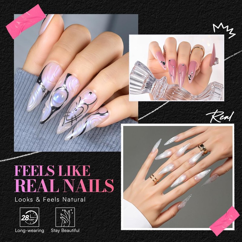 Medium Stiletto Almond Nail Tips - 504 PCS Pre-Etched Clear False Nails | 15 Sizes Full Cover Soft Acrylic Extensions