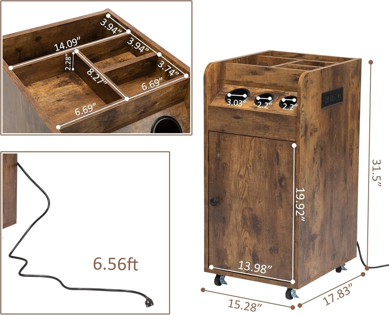 RESHABLE Salon Trolley Cart - Sturdy Rustic Brown Design with Charging Station for Hair Stylists