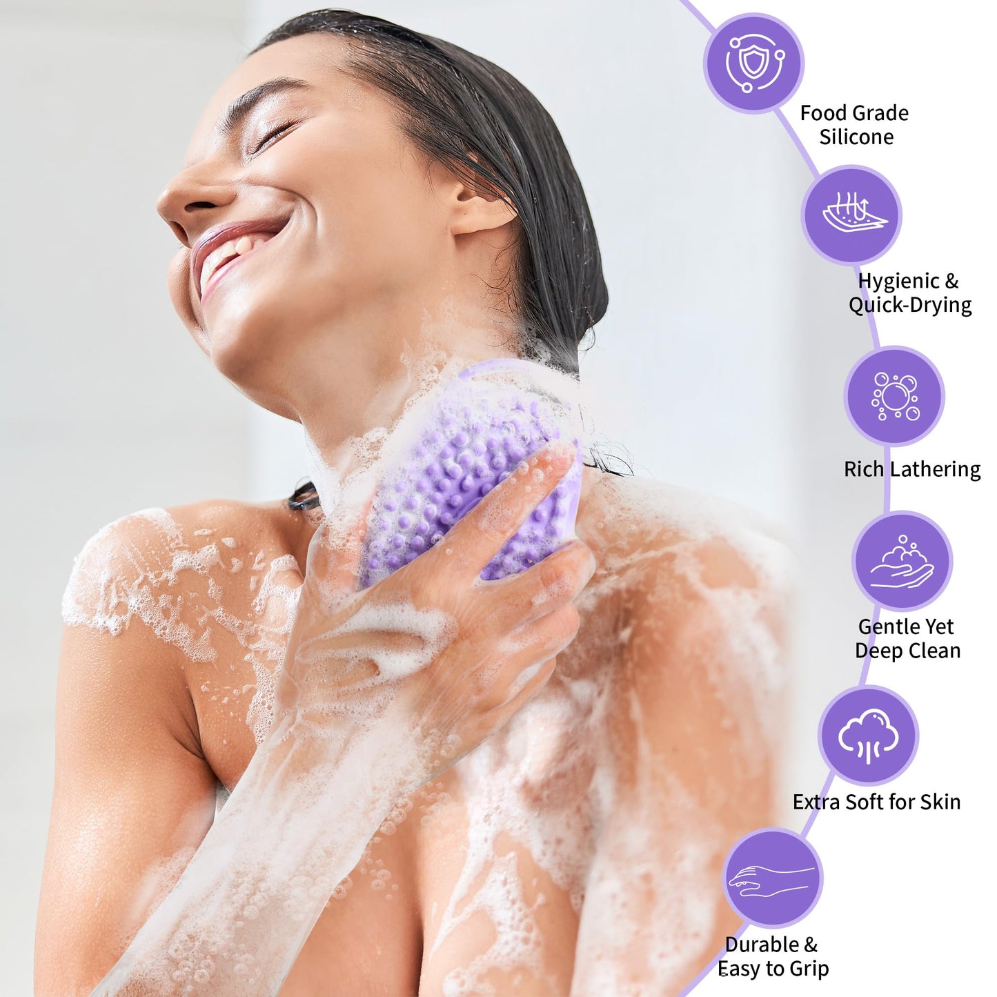 2 Pack Silicone Body Scrubber for Shower, Soft & Gentle Loofah Alternative for Sensitive Skin, Quick-Drying & Hygienic Body Wash Scrubber Brush for Women, Men & Kids (Purple & Pink)