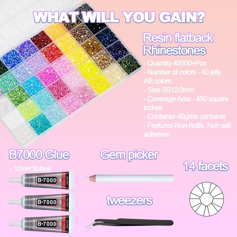 40000+Pcs Resin Jelly Rhinestones for Bedazzling, 3mm Multicolor Flat Back Gems Bedazzler Kit with 3Pcs 10ml B7000 Jewelry Glue, Colorful Bulk Jewels for Book Shoes Crafts Tumblers Nail Art DIY