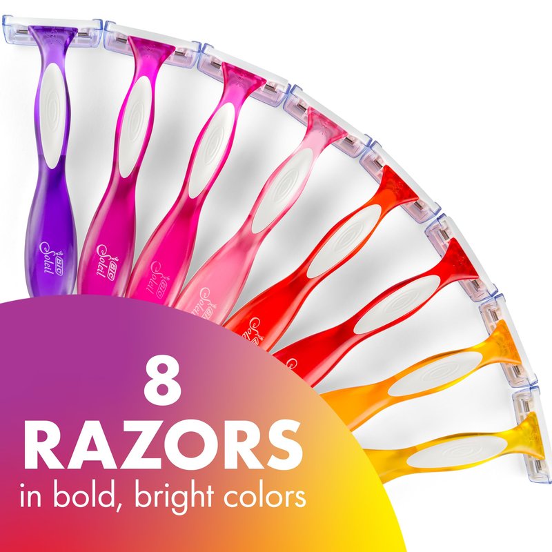 BIC Soleil 3 Colors Women's Disposable 3-Blade Razors, Aloe Vera and Vitamin E Lubricating Strip for Smooth Shaves, 8-Pack