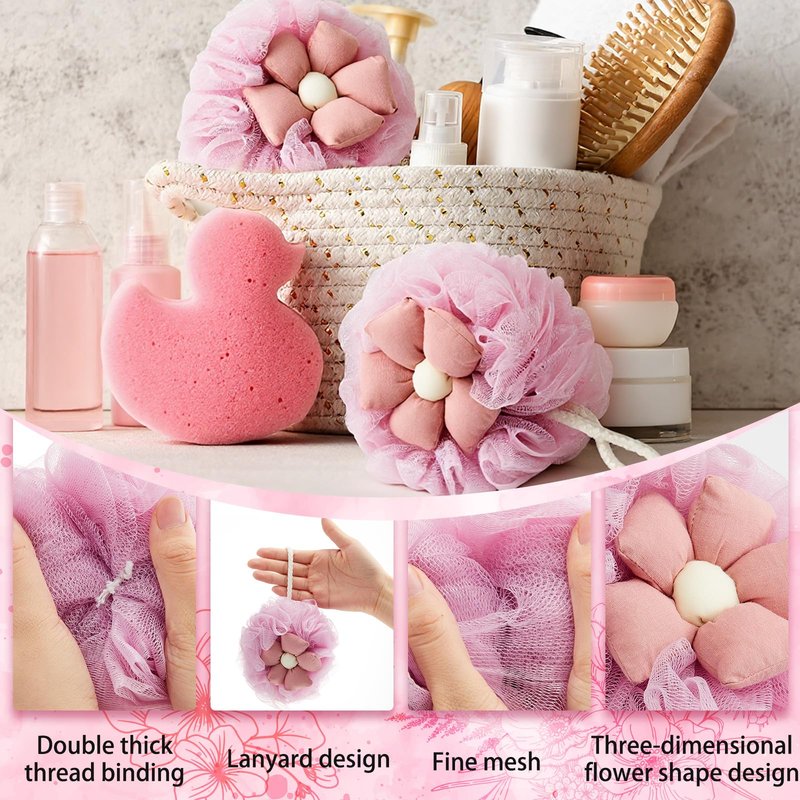 Afarnook 2 Pack Cute Flower Loofah for Women, Bath Loofah Sponge, Mesh Pouf Flower Body Scrubber, Exfoliating Shower Sponge, Bath Scrubber for Sensitive Skin in Beauty Bathing Accessories(Pink)
