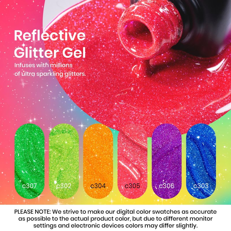 beetles Glitter Gel Nail Polish Set - Neon Carnival Reflective Summer Gel Polish, 6 Colors Pink Green Purple Blue Bright Sparkly Gel Nails Soak Off Uv Led Salon Gift for Women