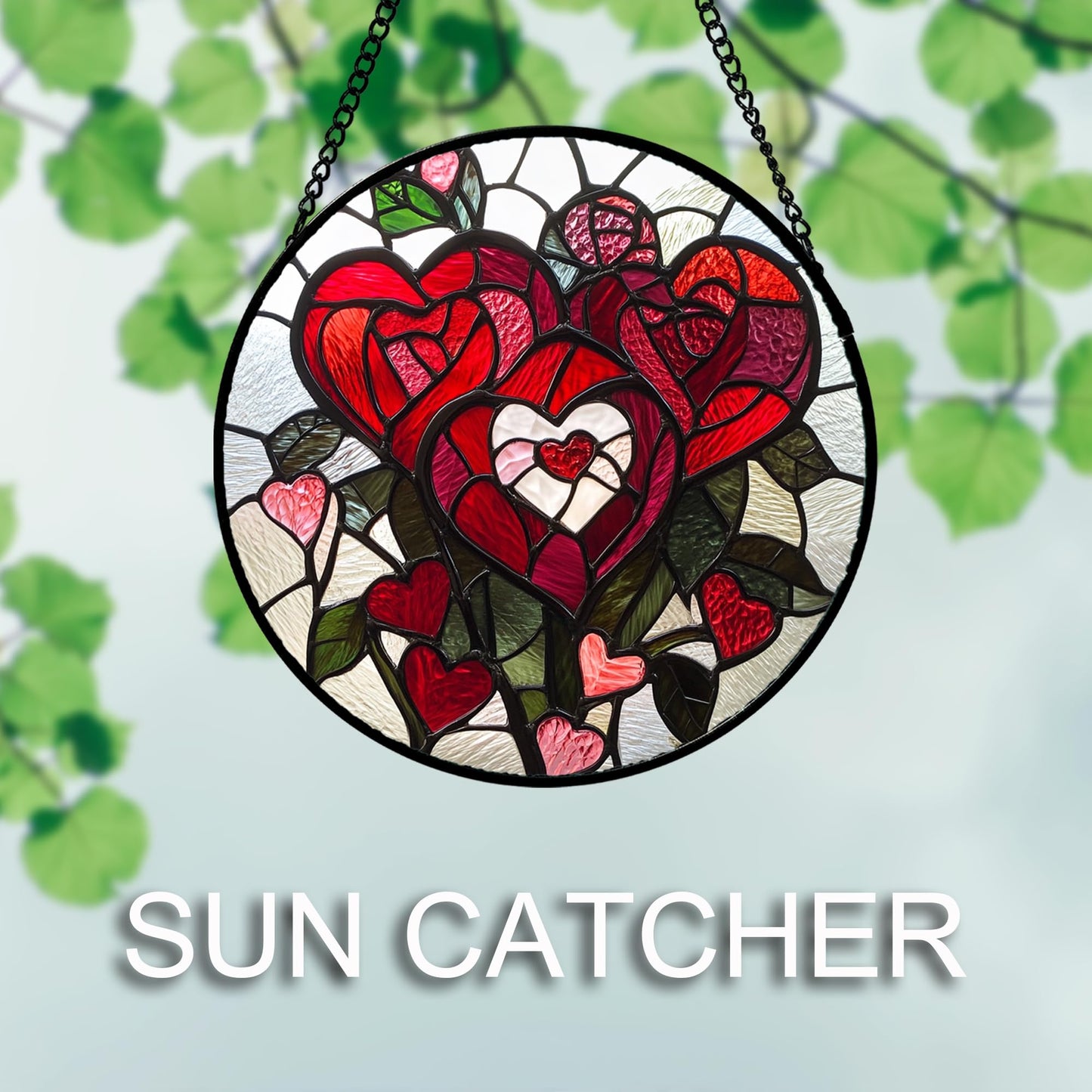 QZQCBLC Stained Glass Window Hanging Red Heart-Shaped Roses 7.8" - Flower Suncatcher Door Garden Sun Catcher Decor Birthday Anniversary Valentines Day Gifts for Woman Wife Men Her Him Lovers