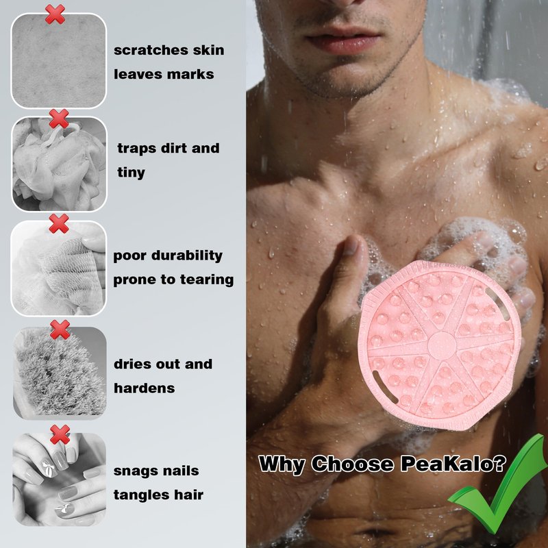 PeaKalo Silicone Body Scrubber for Men Women, Dual-Sided Bath Brushes Gentle Exfoliating Body Scrubber Scalp Massager for Deep Cleansing, Soft Silicone Loofah Body Washing Brushes (Pink)