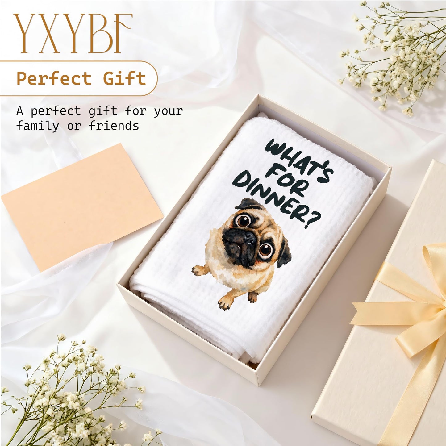 YXYBF Pug Gifts Hand Dish Tea Towels for Kitchen Decor 16x24 Inches, Gifts for Pug Lovers, What's for Dinner Funny Dog Kitchen Towels Decorative