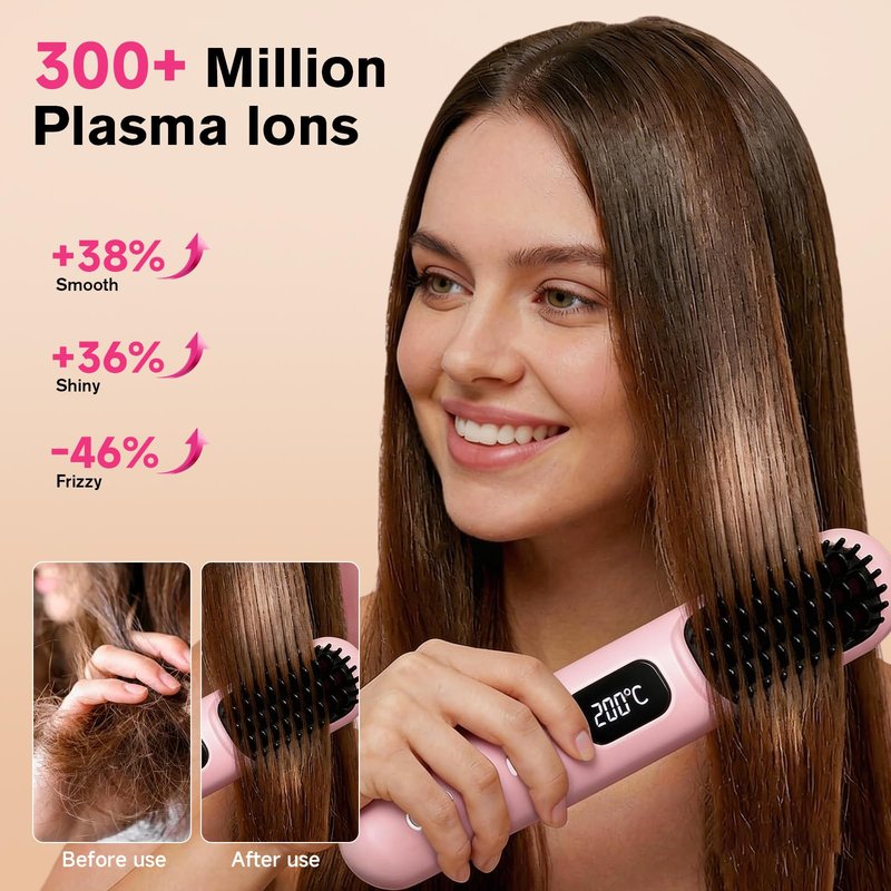 Go Brush Pro Cordless Straightening Comb, Mini Portable Heated Smoothing Comb, Quick-Heating Hot Air Comb, 3 Temperature Settings, USB-C Charging, Travel Hair Styling Tool (Pink)