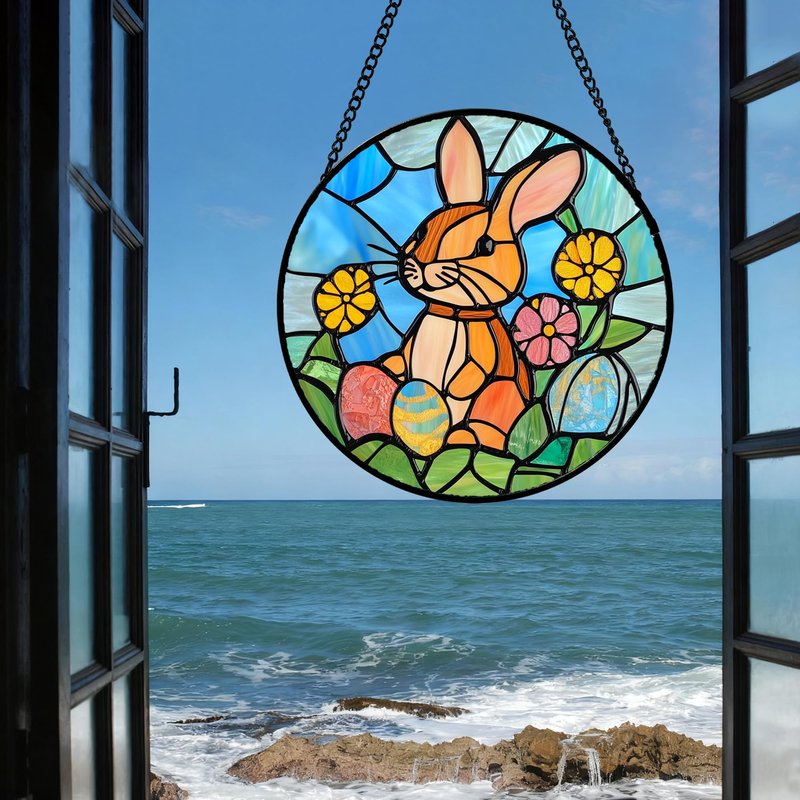 QZQCBLC Stained Glass Window Hanging Rabbit Easter Egg 6.3" - Bunny Suncatcher Door Garden Sun Catcher Home Decor Birthday Christmas for Mom Men Woman Wife Friend Nana