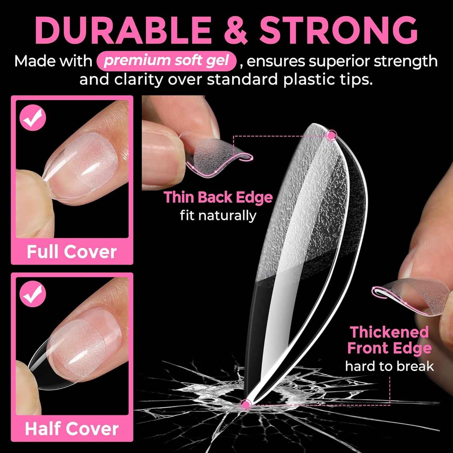 UNA GELLA Extra Short Almond Nail Tips - 216PCS Full Cover Soft Gelly Gel Clear Fake Nails | 12 Sizes for DIY Salon Use