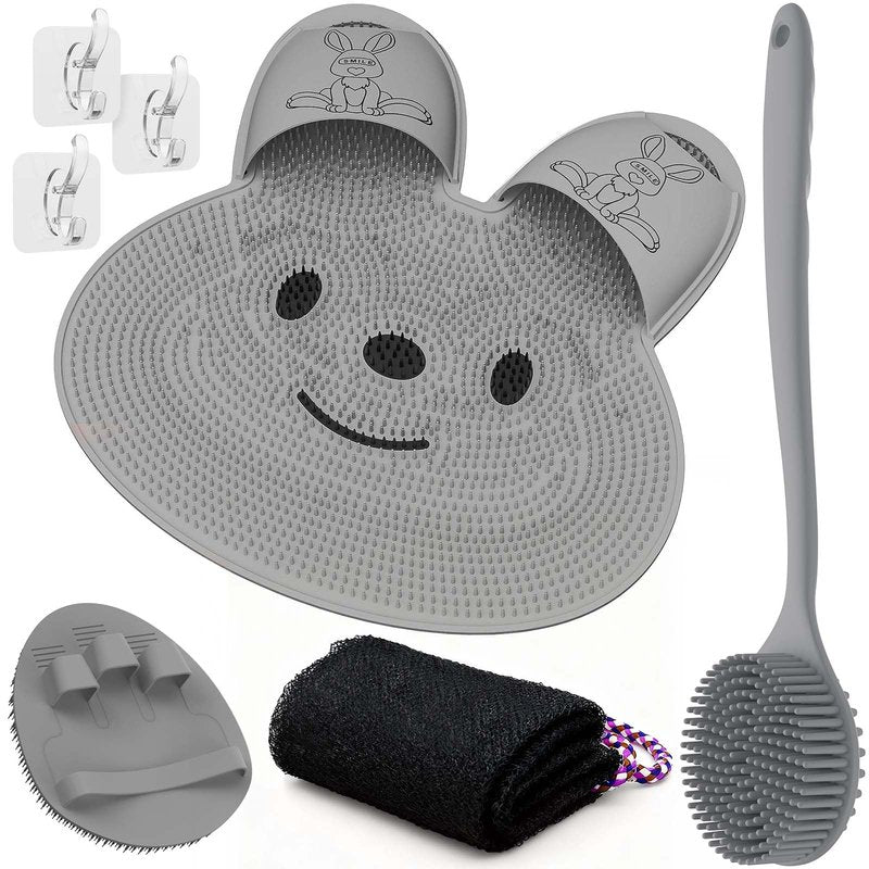 Manmihealth Extra-Large Shower Foot Scrubber Mat with Non-Slip Suction Cups, Silicone Body Scrubber with Long-Handle, Shower Bath Glove, Bath Sponge Net Combation (Gray)