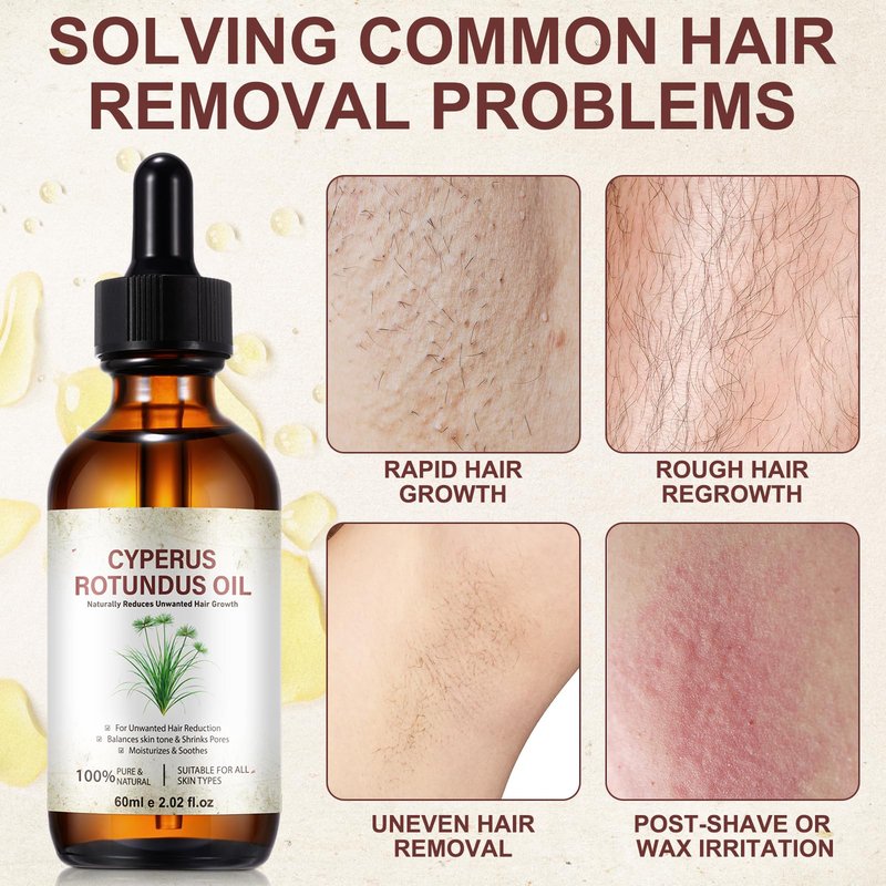 Cyperus Rotundus Oil, Cyperus Oil, Cyperus Rotundus Hair Removal Oil 60ml - Peptide-Infused Repair, Reduces Regrowth & Shrink Pores | Natural DHT Blocker for Smooth Skin | Safe for Sensitive Face&Body